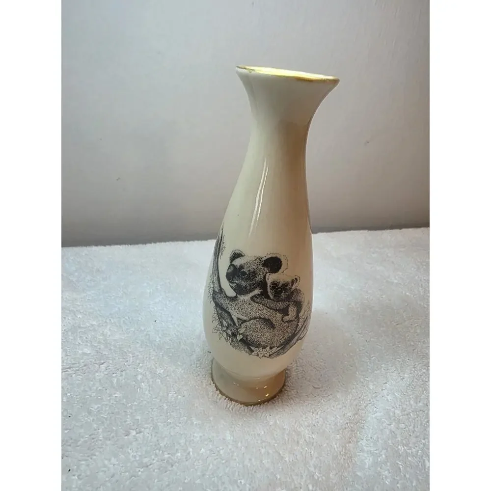 Otagiri OZ-MALL Panda Ceramic Vase Beige Black Gold Rim Japan Vintage 1980s
